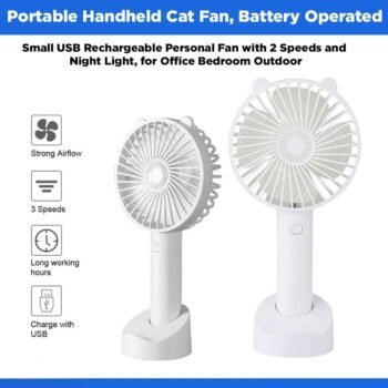 Portable Handheld Cat Fan, Battery Operated Small USB Rechargeable Personal Fan with 2 Speeds and Night Light, for Office Bedroom Outdoor