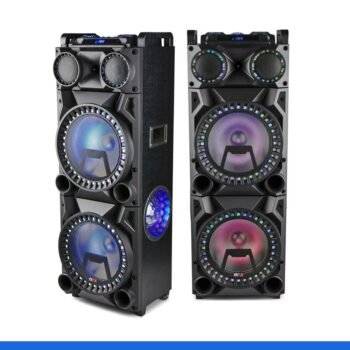 QFX PBX-1215 DUAL 12” BLUETOOTH RECHARGEABLE SPEAKER WITH LED PARTY LIGHTS, INCLUDES REMOTE CONTROL